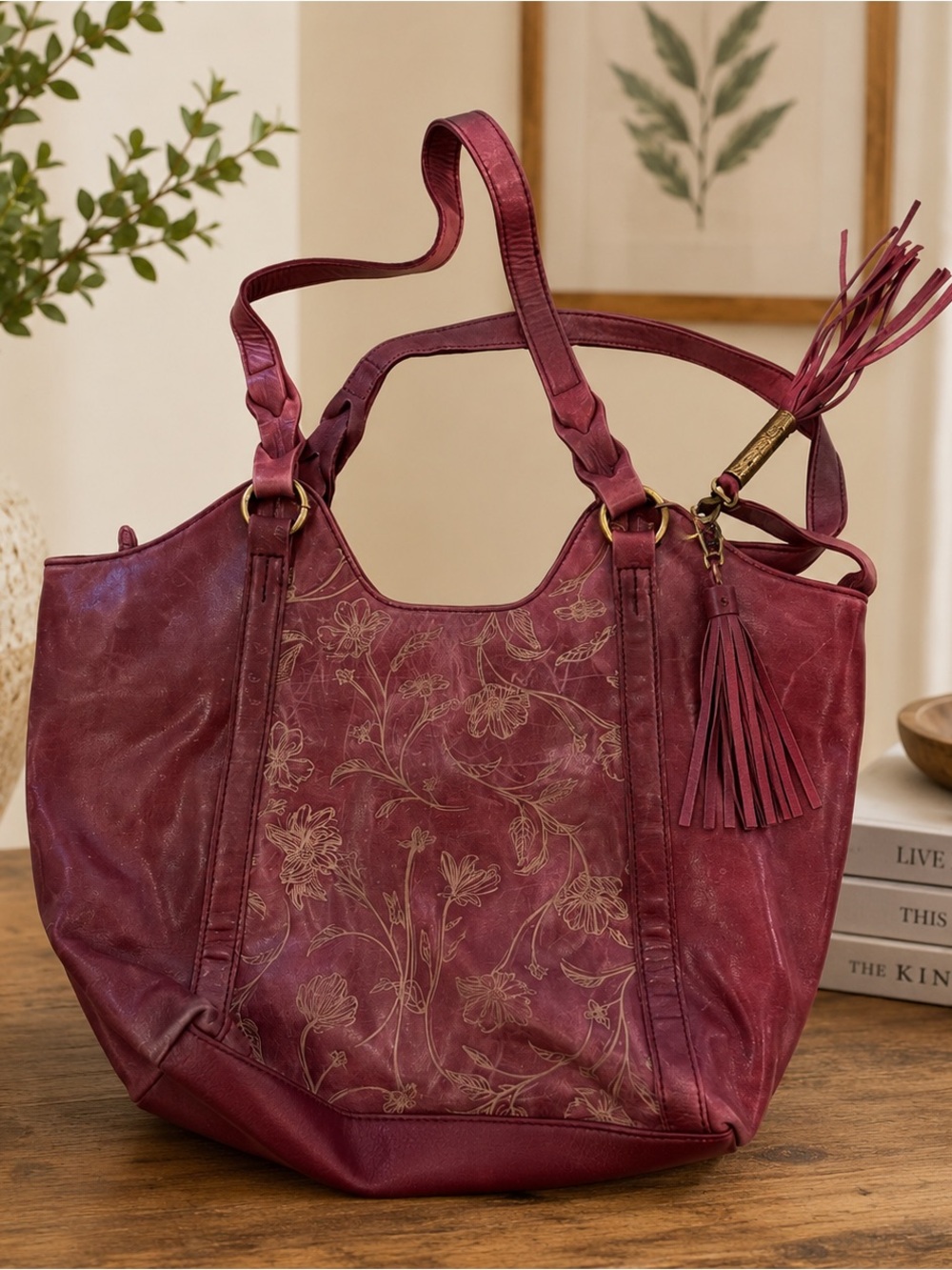 The Sak Burgundy Floral-Embossed Tote with Tassel Charm